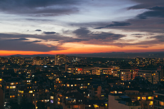 View over city illuminated at night