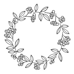 Berries round frame with hand drawn leaves background. Autumn composition. Border of autumn. For wedding invitation and birthday card. For text, photo, save date, logo.