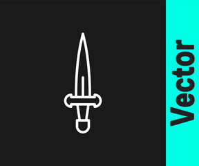 White line Dagger icon isolated on black background. Knife icon. Sword with sharp blade. Vector.