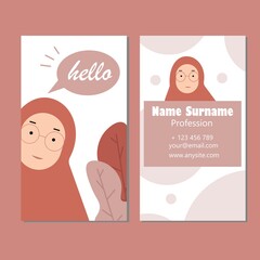 Kawaii business card with hijab girl flat character. Good to use for freelancer in creative fields, woman enterpreneur, etc.