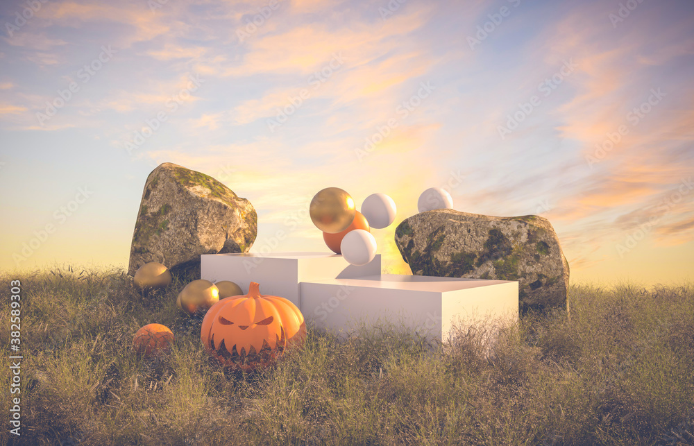 Aufkleber abstract halloween background with podium and pumpkin on autumn field. 3d render.
