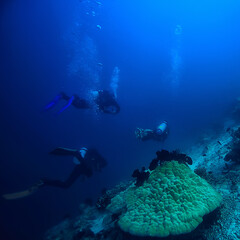 Fototapeta na wymiar diver breathes air under water bubbles, releases gas, landscape underwater depth