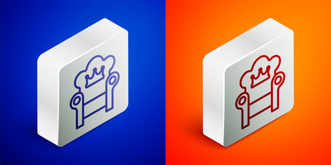 Isometric line Medieval throne icon isolated on blue and orange background. Silver square button. Vector.