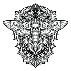 tattoo and t-shirt design black and white hand drawn skull moth engraving ornament  premium vector