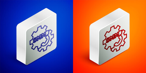 Isometric line SMM icon isolated on blue and orange background. Social media marketing, analysis, advertising strategy development. Silver square button. Vector.