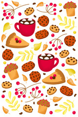 Cute autumn pattern of red cups with marshmallows, autumn leaves, pieces of cake, cookies and mountain ash branches. White rectangular background.