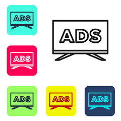 Black line Advertising icon isolated on white background. Concept of marketing and promotion process. Responsive ads. Social media advertising. Set icons in color square buttons. Vector.