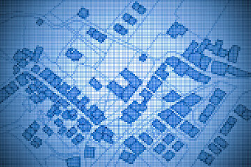 Imaginary cadastral map of territory with buildings, roads and land parcel - concept image with digital pixelation effect