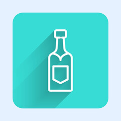 White line Champagne bottle icon isolated with long shadow. Green square button. Vector.