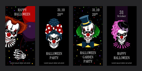 A set of cards for Halloween. Evil Skulls Clowns Templates for cards, flyers, banners, invitations. Vector image of skulls of clowns.