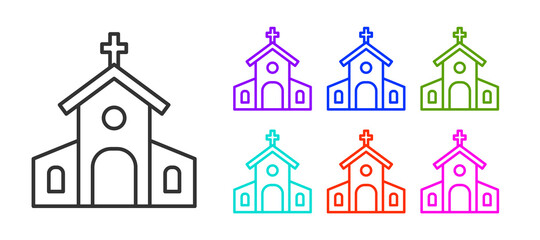 Black line Church building icon isolated on white background. Christian Church. Religion of church. Set icons colorful. Vector.