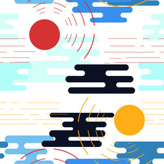 Bright sky seamless pattern. Clouds, sun and moon vector. Concept for decorate, greeting card, poster, banner and background.