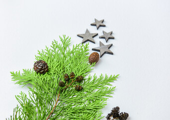 Tannengrün mit Zapfen und Sternen auf weißem Hintergrund - Weihnachten natürlich dekorieren,...