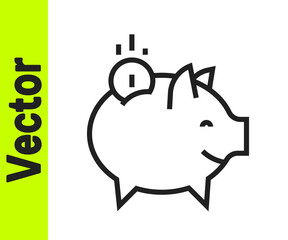Black line Piggy bank with coin icon isolated on white background. Icon saving or accumulation of money, investment. Vector.