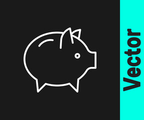 White line Piggy bank icon isolated on black background. Icon saving or accumulation of money, investment. Vector.