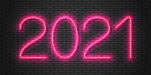 2021 neon text. Happy 2021 new year neon banner. Vector Illustration.