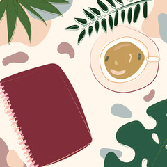 Coffee and notebook paper with leaf around. Creative modern vector illustration with line frame. Breakfast concept
