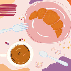 Croissant and coffee with small spoon and fork in modern art style. Creative sweet vector illustration with line frame. Breakfast concept