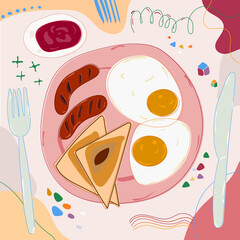 Fried eggs, sausages and toasts with knife and fork in modern art style. Creative sweet vector illustration with line frame. Breakfast concept