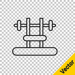 Black line Bench with barbel icon isolated on transparent background. Gym equipment. Bodybuilding, powerlifting, fitness concept. Vector.