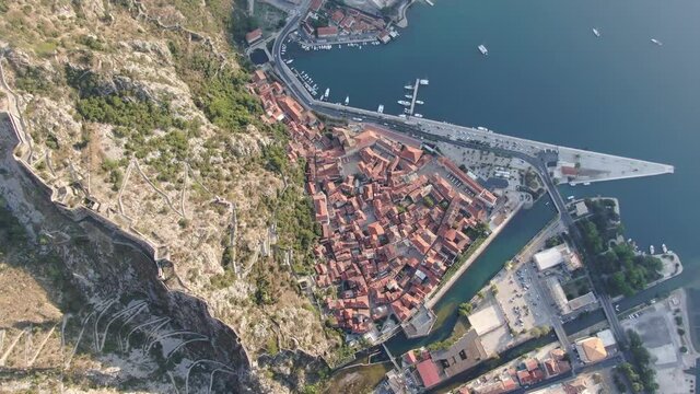 Aerial view of Kotor old town, Montenegro, the coast of Kotor Bay, Adriatic sea
