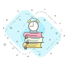 Alarm clock and books linear icon. Creative flat design vector.