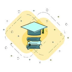 Graduation cap and books linear icon. Study concept. Creative flat design vector.