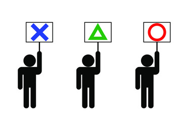 丸、三角、バツを掲げる棒人間のベクター素材