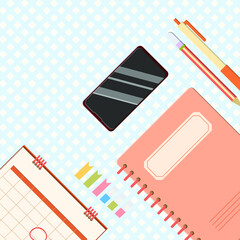 Online self-learning concept with stationary lay on workspace. Creative vector flat design illustration.