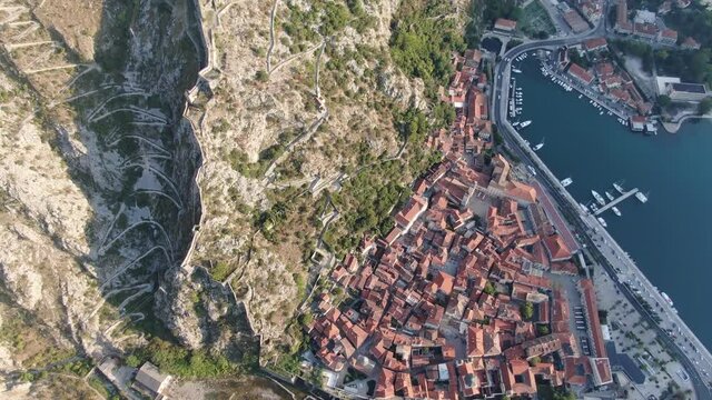 Aerial view of Kotor old town, Montenegro, the coast of Kotor Bay, Adriatic sea