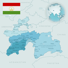 Blue-green detailed map of Tajikistan administrative divisions with country flag and location on the globe.