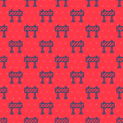 Blue line Road barrier icon isolated seamless pattern on red background. Symbol of restricted area which are in under construction processes. Repair works. Vector.