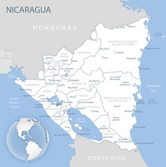 Blue-gray detailed map of Nicaragua and administrative divisions and location on the globe.