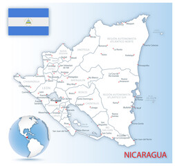 Detailed Nicaragua administrative map with country flag and location on a blue globe.