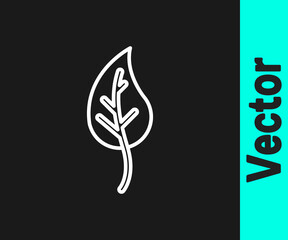 Fototapeta premium White line Leaf icon isolated on black background. Leaves sign. Fresh natural product symbol. Vector.