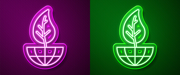 Glowing neon line Earth globe and leaf icon isolated on purple and green background. World or Earth sign. Geometric shapes. Environmental concept. Vector.