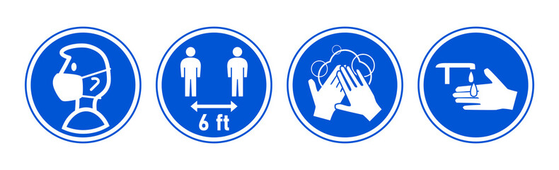 Set of Round Instruction Icons against the Spread of Coronavirus Covid-19, including Wear a Face Mask, Keep Your Distance 6 ft or 6 Feet, Wash Your Hands and Sanitize Your Hands. Vector Image.