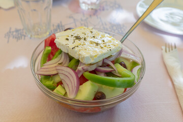 Plate of real Greek salad close up