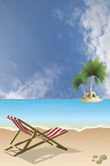 Picturesque tropical island scene with empty deckchair on deserted beach set against a cloudy blue sky