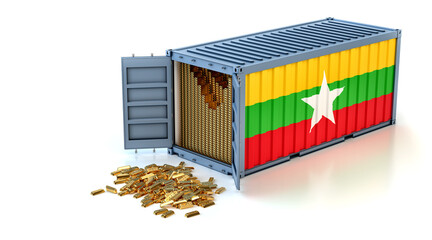 Freight Container with Myanmar flag filled with Gold bars. Some Gold bars scattered on the ground - 3D Rendering