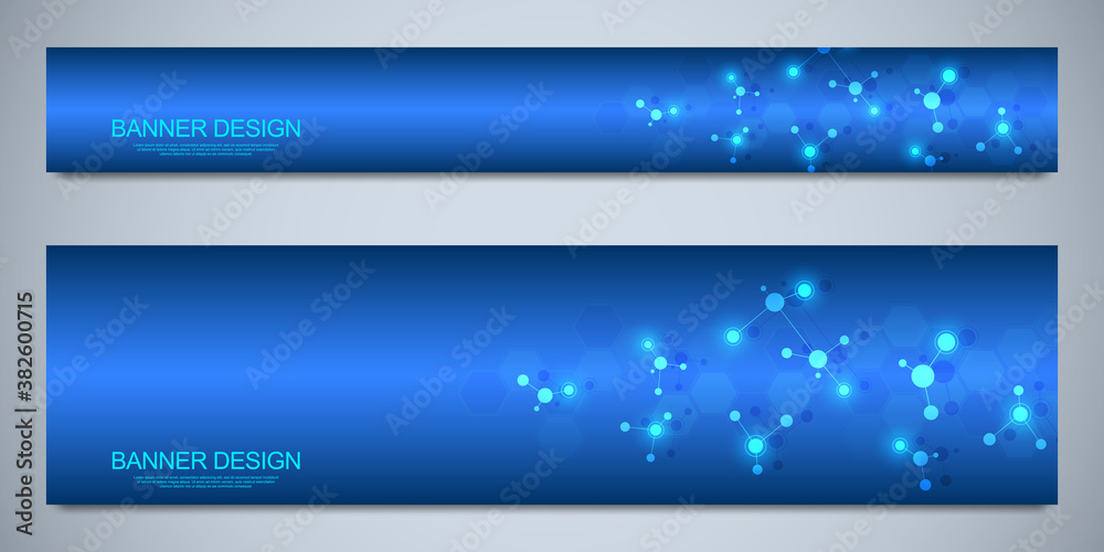 Poster banners design template with molecular structures and neural network. abstract molecules and genetic