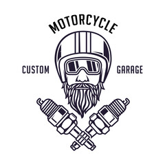 Motorcycle badge illustration concept, bearded rider wearing helmet and glasses with crossed spark plungs