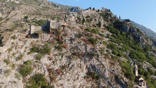 Fortifications of Kotor, fortress of St. John (St. Ivan), Montenegro, drone view