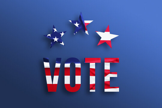 USA vote concept. United States of America Presidential Election 2020. Text with american flag on blue background