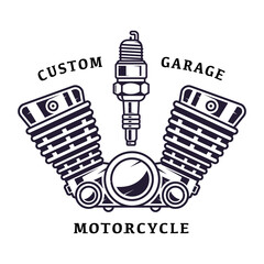 motorcycle emblem illustration concept, double engine and spark plungs badge vector