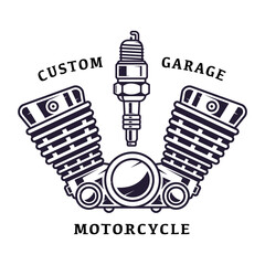 motorcycle emblem illustration concept, double engine and spark plungs badge vector