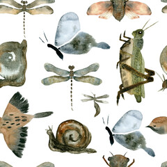 Oriental japan vintage magic watercolor seamless pattern with cicada, grasshopper, goby, dragonfly, bird, snail muted vintage taupe colors.