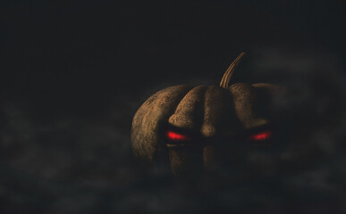 halloween pumpkin with evil red eyes, illustration of evil pumpkin in the dark at night with fog, dramatic horror scene, mystical and spooky photo  - 382601963
