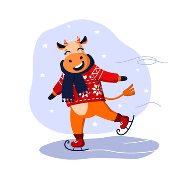 Cheerful cartoon bull ice skating. Vector illustration of cute symbol of 2021 year. EPS 10
