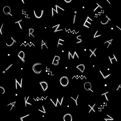 Alphabet pattern, hand-drawn letters. Letters on a black background.